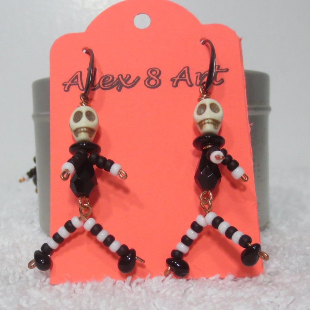 NEW Handcrafted Pierced Earrings Black White Beaded Festive Dancing Skeletons